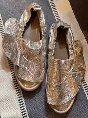 MERCEDES CASTILLO Metallic Silver Ruffle Slip-On Sneakers